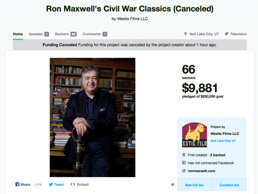 Ron Maxwell Kickstarter Canceled
